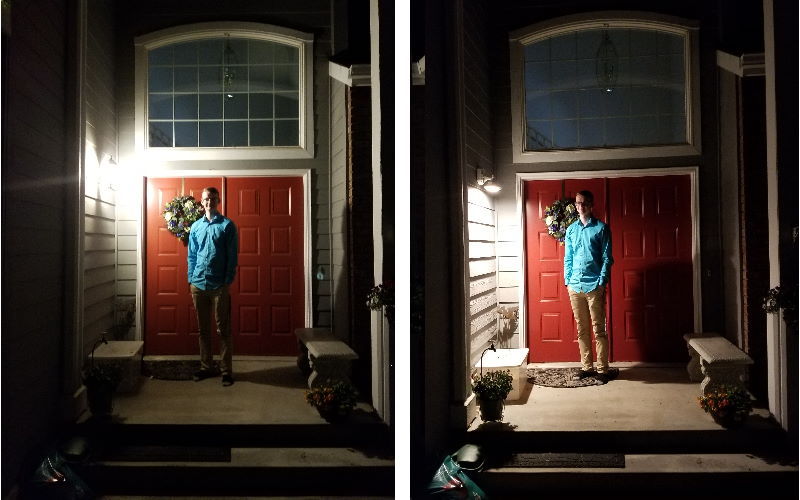 front entry lighting before with bright glare bomb and after with focused lighting direct at entry steps