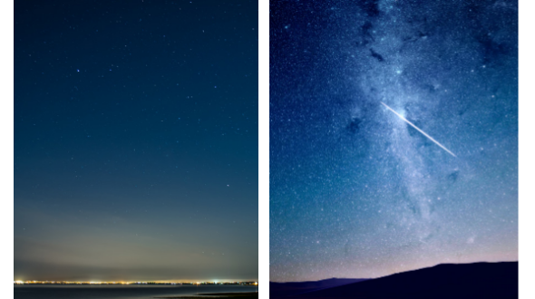 comparison of night sky with city lights and sky without artificial lighting nearby