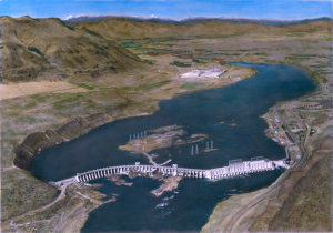 A 1953 view of Rock Island Dam and Alcoa Wenatchee Works