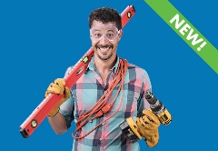 A man wearing safety goggles, a flannel shirt, and work gloves smiles while holding a level and drill with the words 