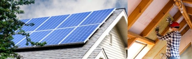 rooftop solar installation and person installing attic insulation