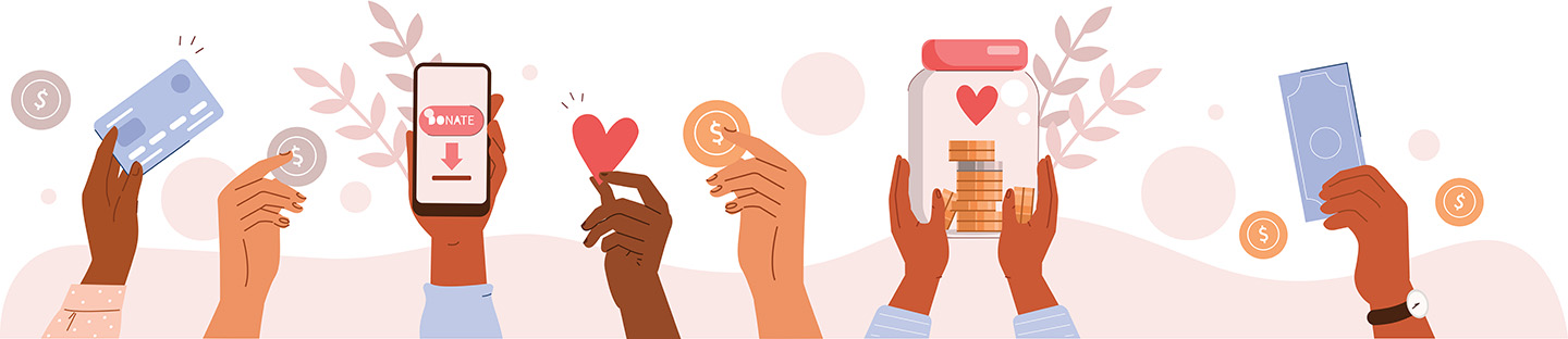 banner showing hands holding credit cards, cash, coins 