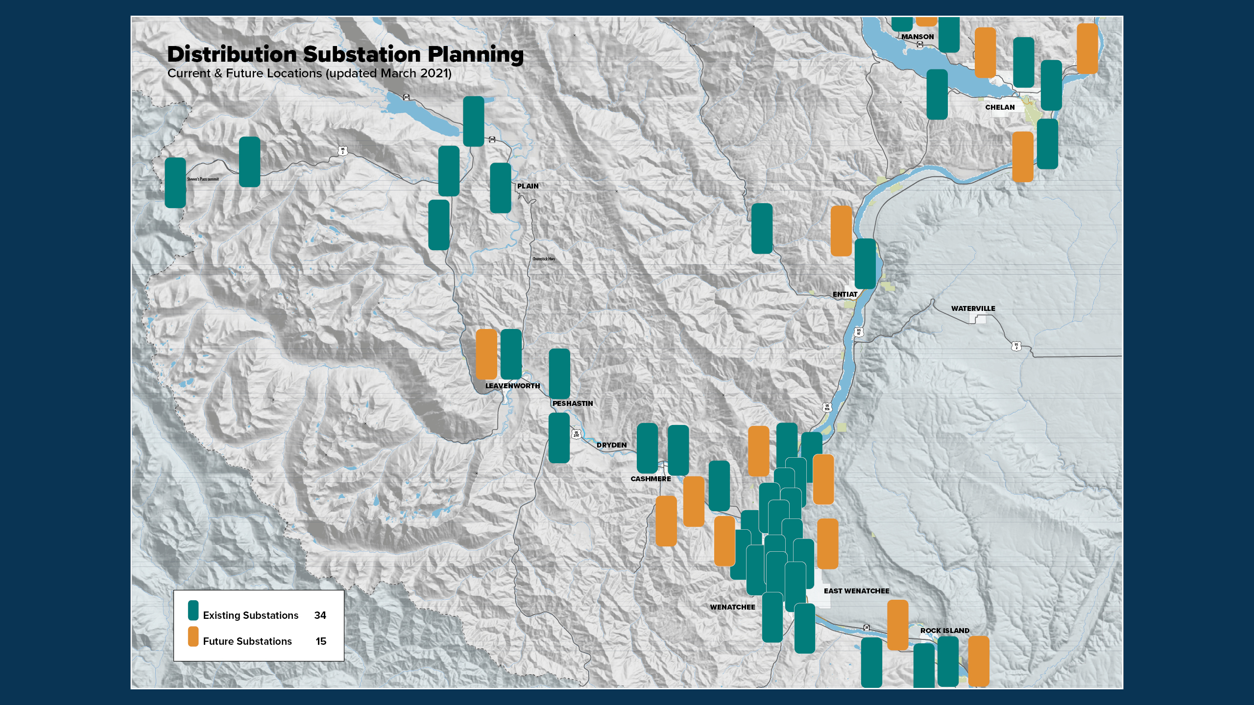 Map of existing and projected future substations for Chelan County PUD