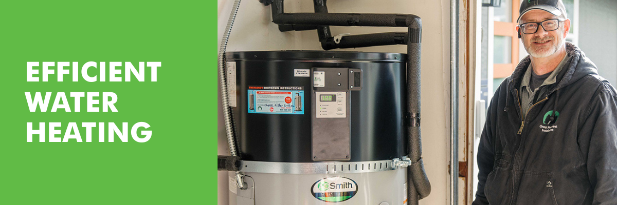 an installer stands next to a heat pump water heater with the words 