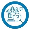 icon of house with magnifying glass and speech bubble