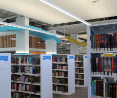 interior of the library with shelves and books