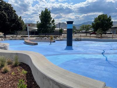 steamboat wheel View of steamship-themed splashpad