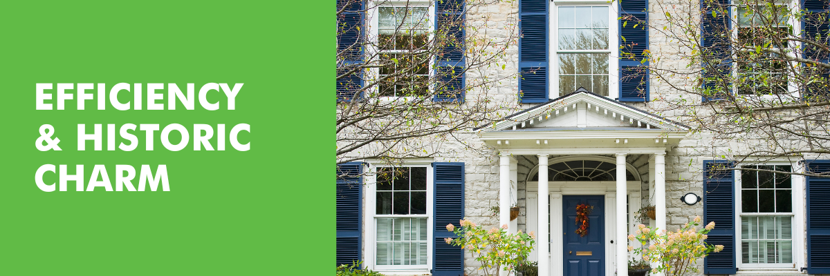 front of a historic home with storm blue storm windows