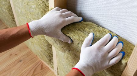 hands inserting wall insulation between joists